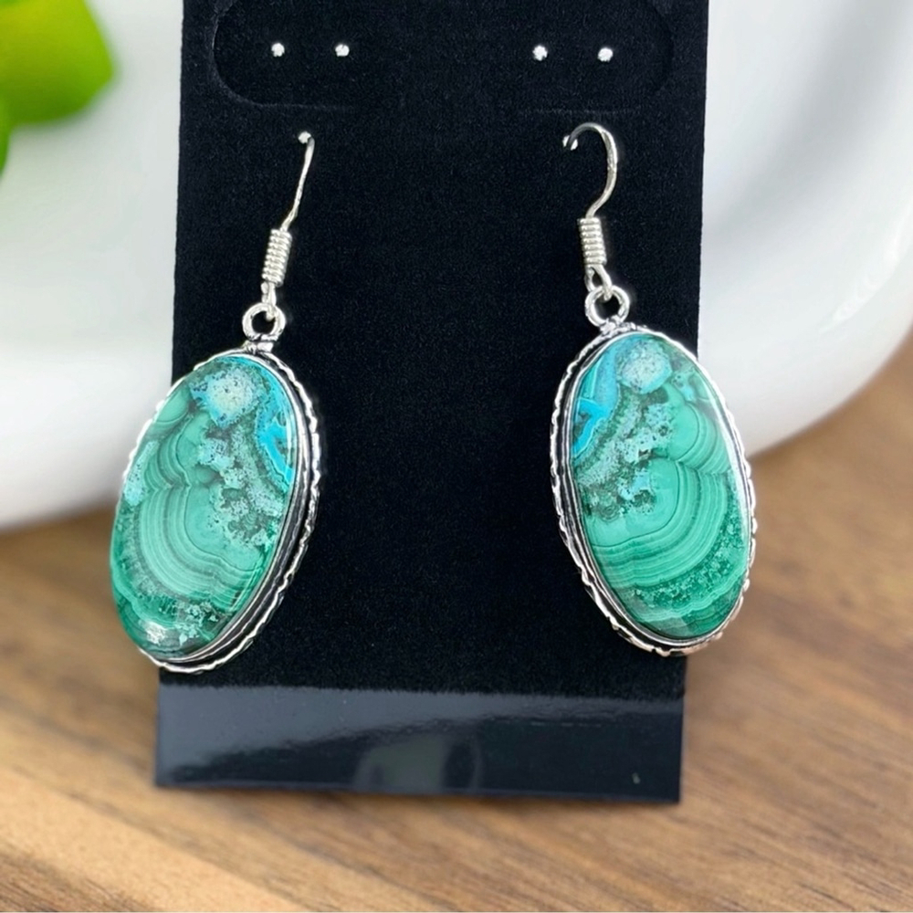Top Quality Malachite Chrysocolla Earrings Southwest 925 Sterling Silver Overlay - Picture 2 of 6